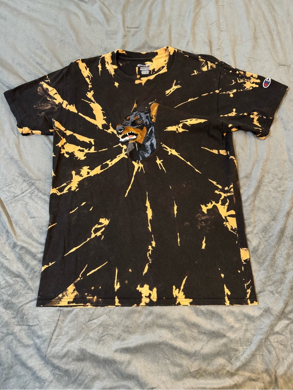 Champion Black and Yellow Tie-Dye Tee with Dog Head Embroidery
#1418